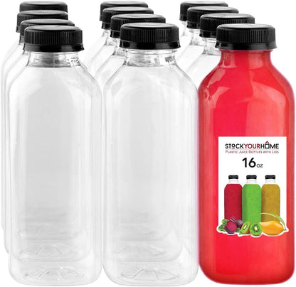 12 oz Juice Bottles with Caps for Juicing (12 pack) - Reusable Clear Empty Plastic Water Bottles - Drink Containers for Mini Fridge, Juicer Shots Includes Labels, Brush & Funnel