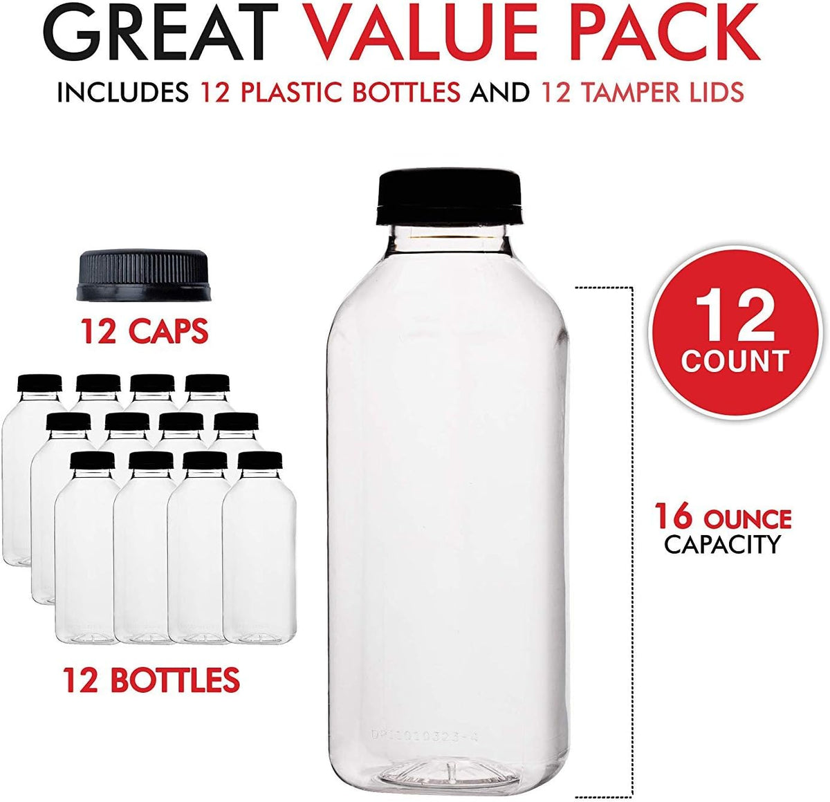 12 oz Juice Bottles with Caps for Juicing (12 pack) - Reusable Clear Empty Plastic Water Bottles - Drink Containers for Mini Fridge, Juicer Shots Includes Labels, Brush & Funnel