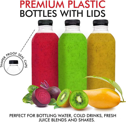 12 oz Juice Bottles with Caps for Juicing (12 pack) - Reusable Clear Empty Plastic Water Bottles - Drink Containers for Mini Fridge, Juicer Shots Includes Labels, Brush & Funnel