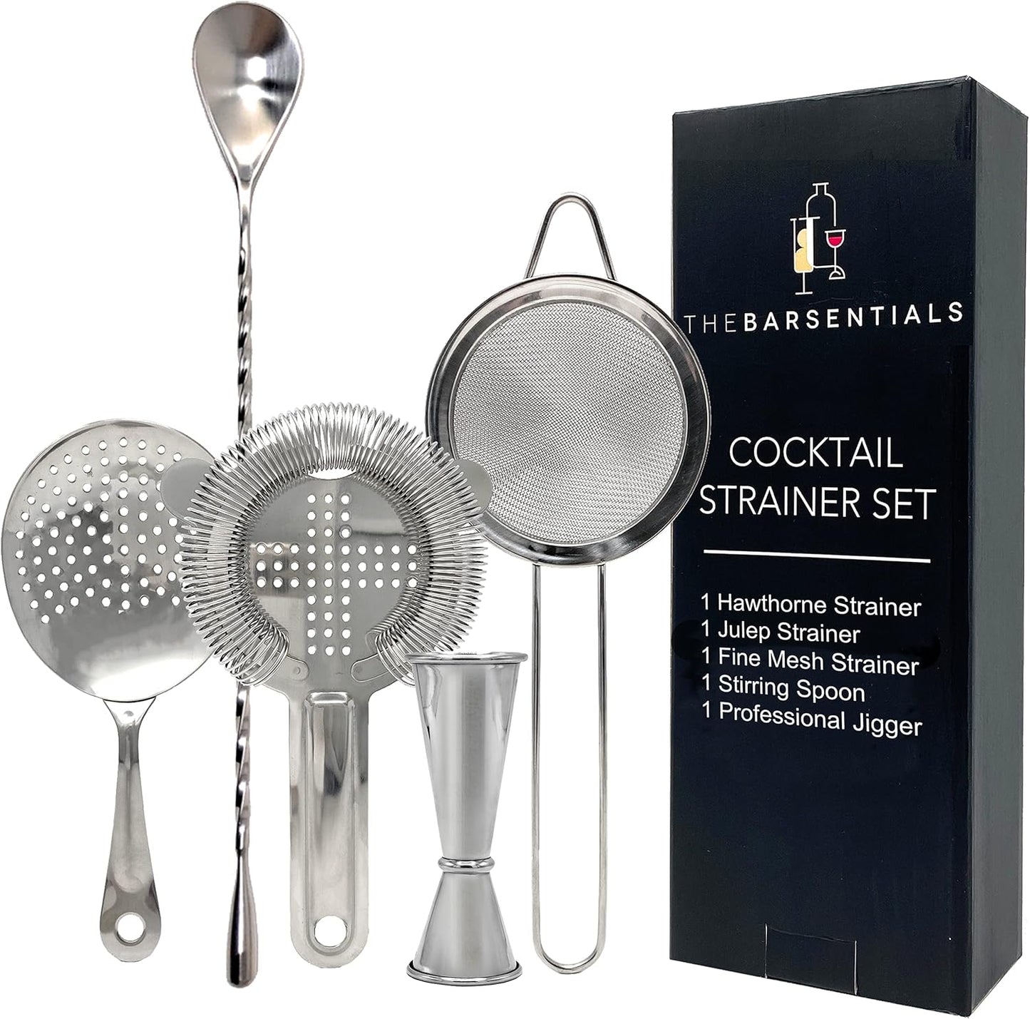 Cocktail Strainer Set Stainless Steel Bar Tools with Stirring Spoon - Hawthorne, Julep, Fine-Mesh and Jigger for Drinks