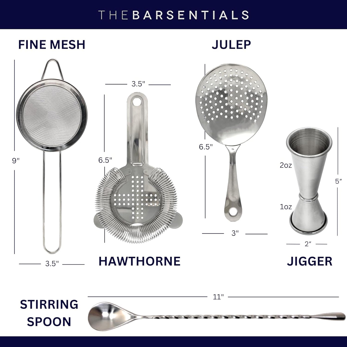 Cocktail Strainer Set Stainless Steel Bar Tools with Stirring Spoon - Hawthorne, Julep, Fine-Mesh and Jigger for Drinks