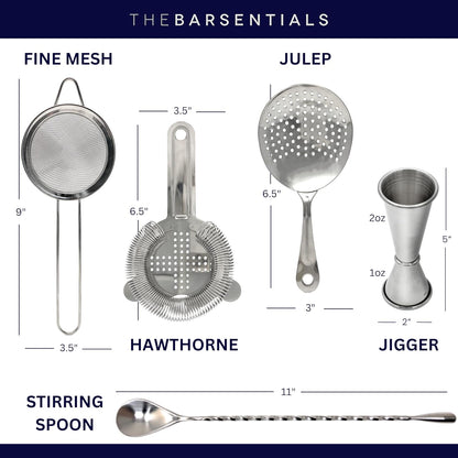 Cocktail Strainer Set Stainless Steel Bar Tools with Stirring Spoon - Hawthorne, Julep, Fine-Mesh and Jigger for Drinks