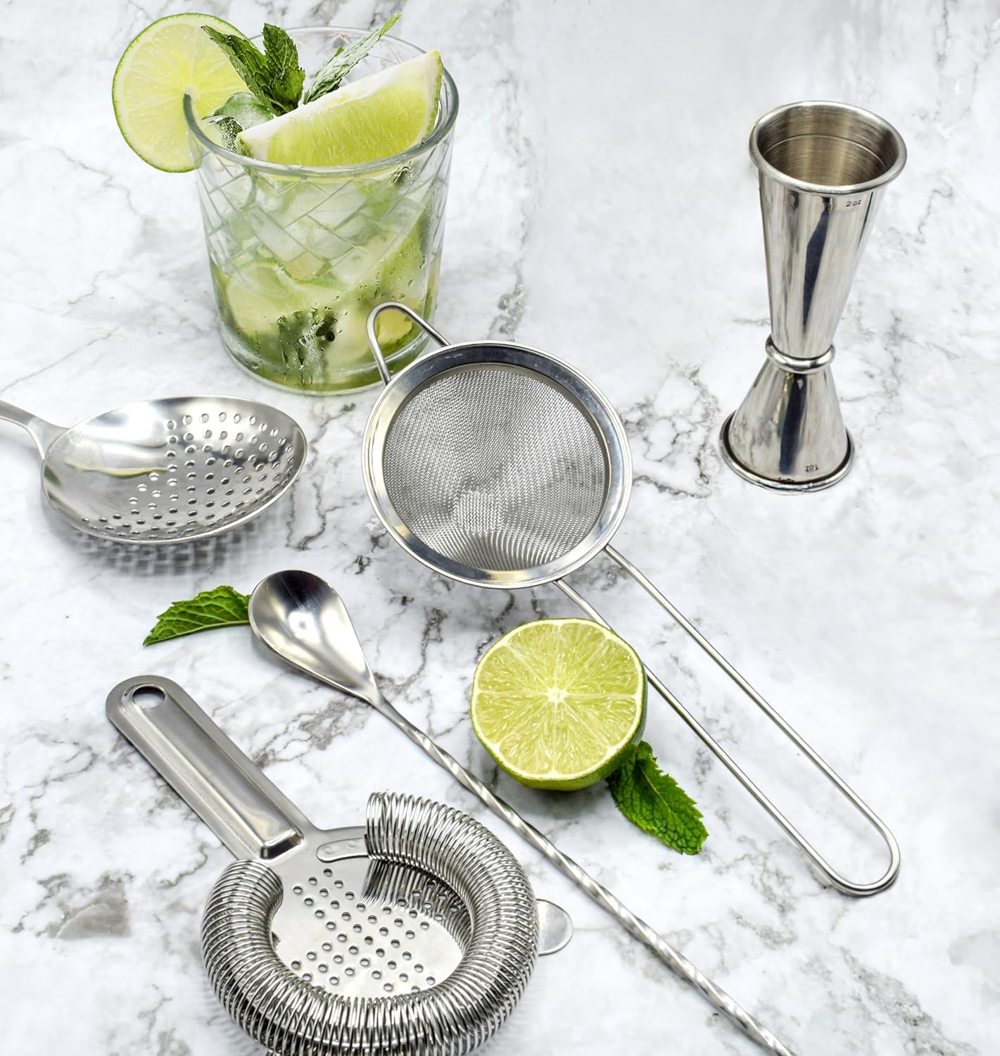 Cocktail Strainer Set Stainless Steel Bar Tools with Stirring Spoon - Hawthorne, Julep, Fine-Mesh and Jigger for Drinks