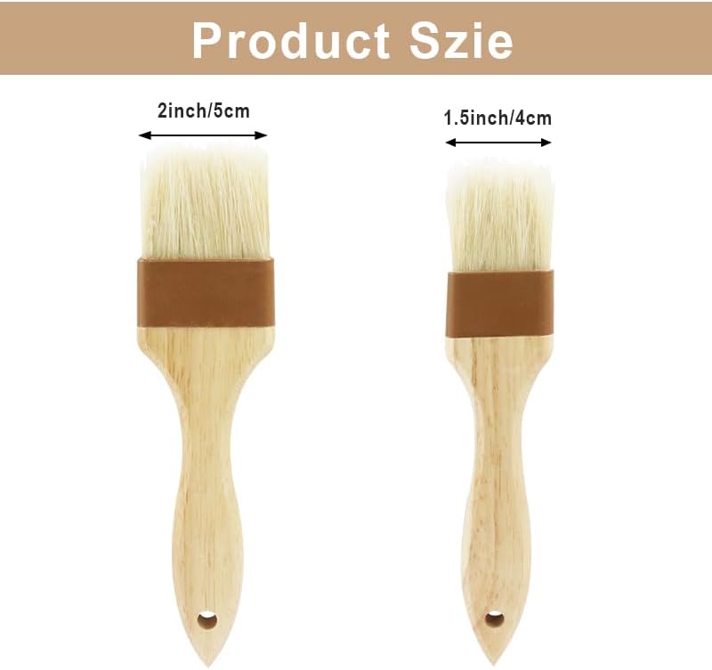 2 PCS Basting Brush, Natural Bristle Pastry Brush | Wooden Handle, For Baking & BBQ, Easy Clean Butter Brush, Sturdy Kitchen Culinary Utensil, 1 1/2 Inch, 2 Inch