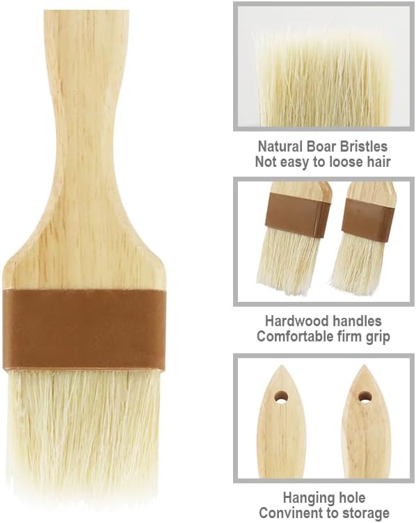 2 PCS Basting Brush, Natural Bristle Pastry Brush | Wooden Handle, For Baking & BBQ, Easy Clean Butter Brush, Sturdy Kitchen Culinary Utensil, 1 1/2 Inch, 2 Inch