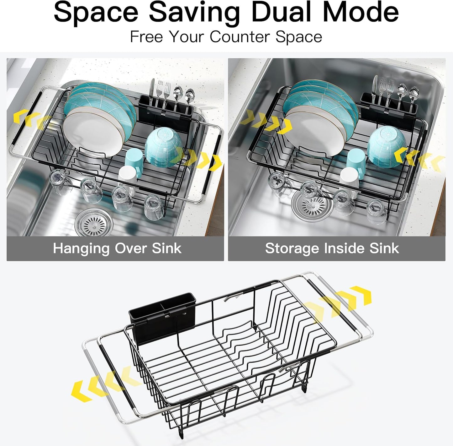 Black Dish Drying Rack in Sink, Dish Drainer with Utensil Holder | Over The Sink Expandable Stainless Steel Strainer Dryer Rack for Small Kitchen, Counter Space Saving, Fast Drain, Rustproof