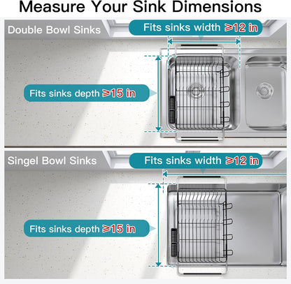 Black Dish Drying Rack in Sink, Dish Drainer with Utensil Holder | Over The Sink Expandable Stainless Steel Strainer Dryer Rack for Small Kitchen, Counter Space Saving, Fast Drain, Rustproof