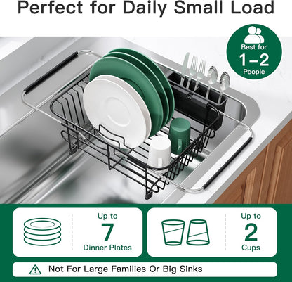 Black Dish Drying Rack in Sink, Dish Drainer with Utensil Holder | Over The Sink Expandable Stainless Steel Strainer Dryer Rack for Small Kitchen, Counter Space Saving, Fast Drain, Rustproof