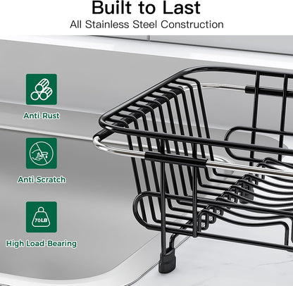 Black Dish Drying Rack in Sink, Dish Drainer with Utensil Holder | Over The Sink Expandable Stainless Steel Strainer Dryer Rack for Small Kitchen, Counter Space Saving, Fast Drain, Rustproof