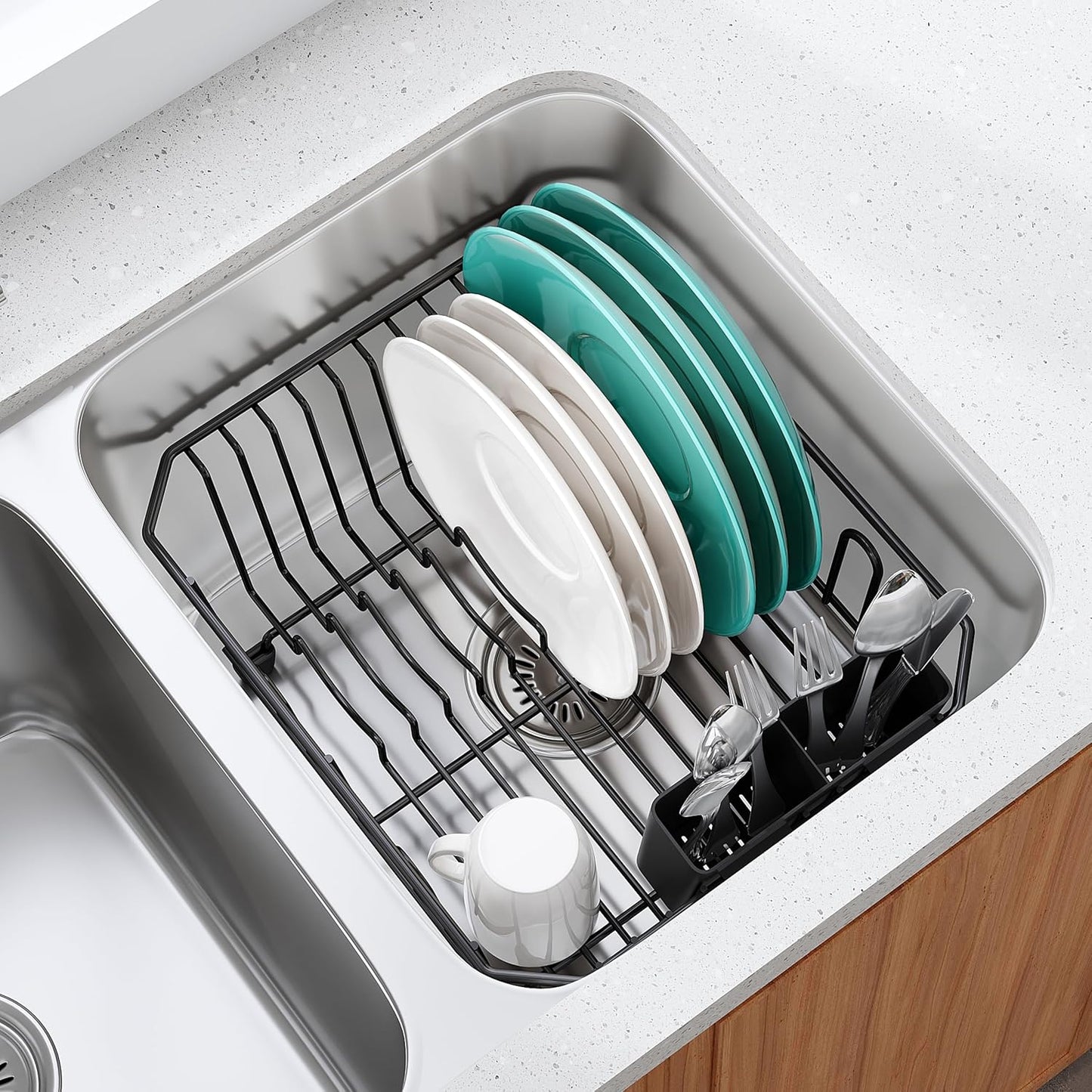 Black Dish Drying Rack in Sink, Dish Drainer with Utensil Holder | Over The Sink Expandable Stainless Steel Strainer Dryer Rack for Small Kitchen, Counter Space Saving, Fast Drain, Rustproof