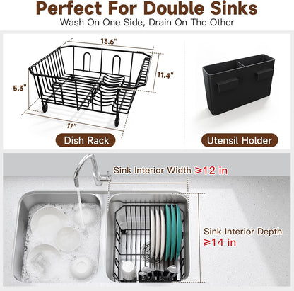 Black Dish Drying Rack in Sink, Dish Drainer with Utensil Holder | Over The Sink Expandable Stainless Steel Strainer Dryer Rack for Small Kitchen, Counter Space Saving, Fast Drain, Rustproof