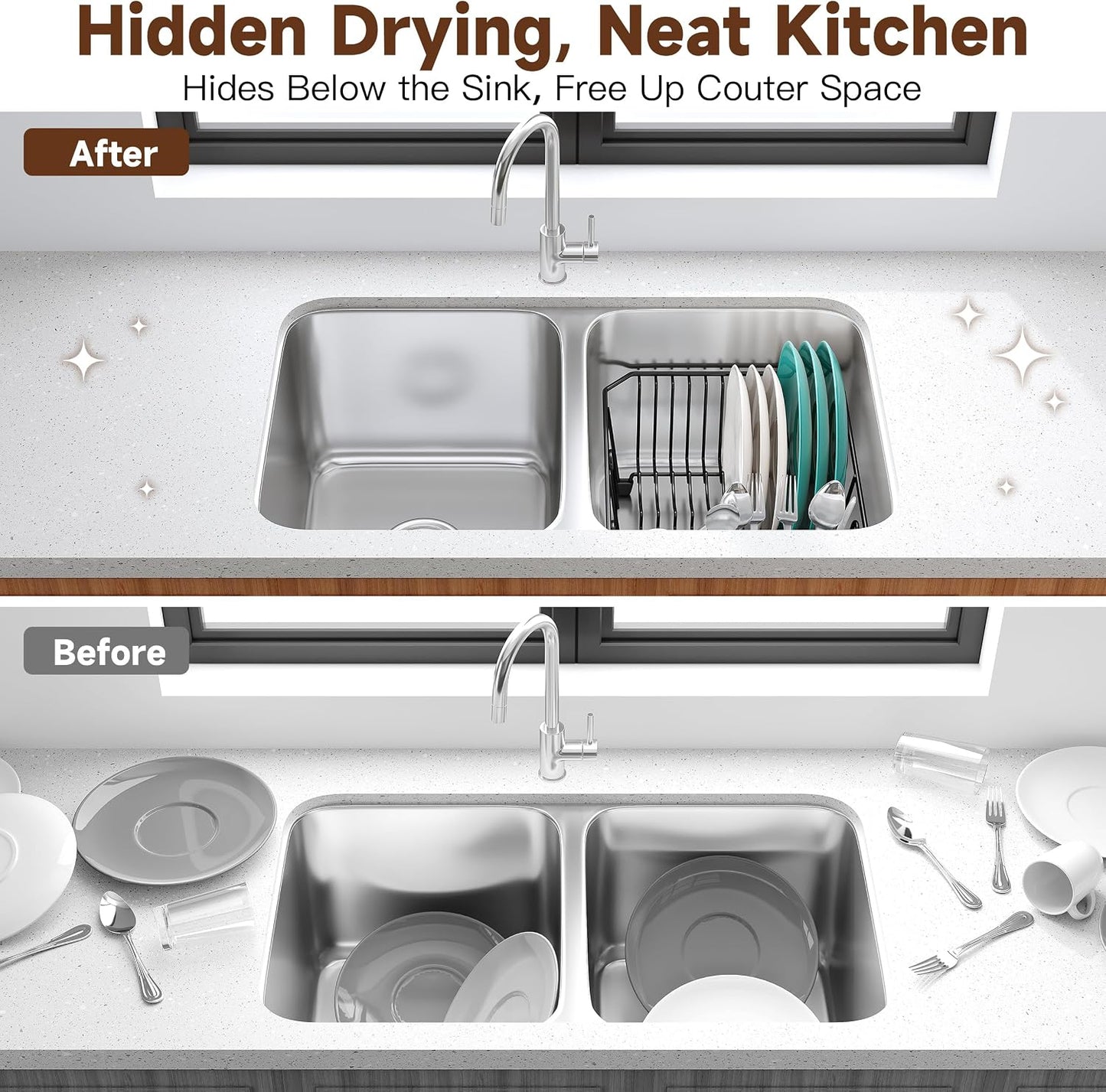 Black Dish Drying Rack in Sink, Dish Drainer with Utensil Holder | Over The Sink Expandable Stainless Steel Strainer Dryer Rack for Small Kitchen, Counter Space Saving, Fast Drain, Rustproof