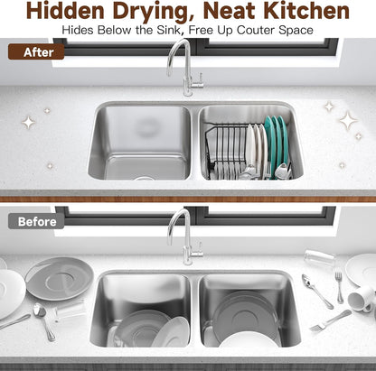 Black Dish Drying Rack in Sink, Dish Drainer with Utensil Holder | Over The Sink Expandable Stainless Steel Strainer Dryer Rack for Small Kitchen, Counter Space Saving, Fast Drain, Rustproof
