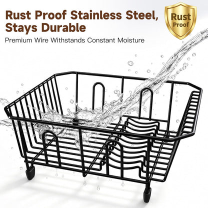 Black Dish Drying Rack in Sink, Dish Drainer with Utensil Holder | Over The Sink Expandable Stainless Steel Strainer Dryer Rack for Small Kitchen, Counter Space Saving, Fast Drain, Rustproof