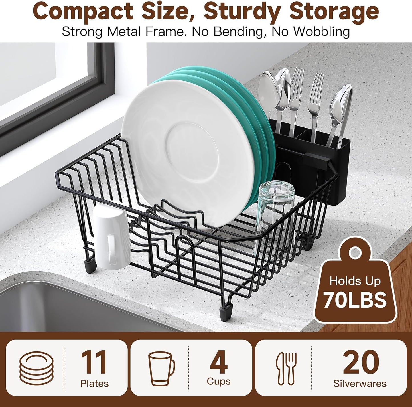 Black Dish Drying Rack in Sink, Dish Drainer with Utensil Holder | Over The Sink Expandable Stainless Steel Strainer Dryer Rack for Small Kitchen, Counter Space Saving, Fast Drain, Rustproof