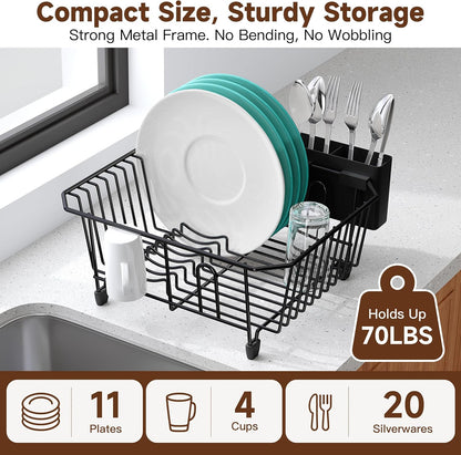 Black Dish Drying Rack in Sink, Dish Drainer with Utensil Holder | Over The Sink Expandable Stainless Steel Strainer Dryer Rack for Small Kitchen, Counter Space Saving, Fast Drain, Rustproof