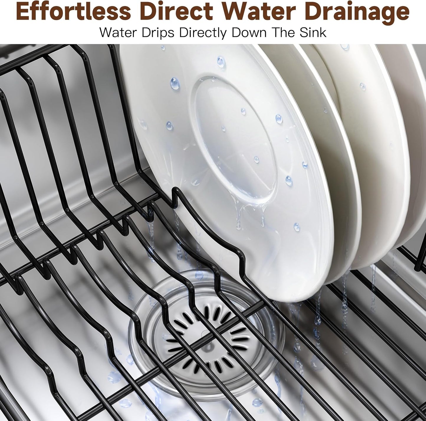Black Dish Drying Rack in Sink, Dish Drainer with Utensil Holder | Over The Sink Expandable Stainless Steel Strainer Dryer Rack for Small Kitchen, Counter Space Saving, Fast Drain, Rustproof