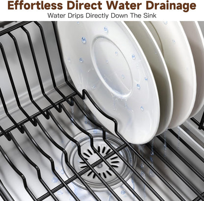 Black Dish Drying Rack in Sink, Dish Drainer with Utensil Holder | Over The Sink Expandable Stainless Steel Strainer Dryer Rack for Small Kitchen, Counter Space Saving, Fast Drain, Rustproof