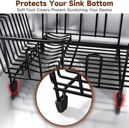 Black Dish Drying Rack in Sink, Dish Drainer with Utensil Holder | Over The Sink Expandable Stainless Steel Strainer Dryer Rack for Small Kitchen, Counter Space Saving, Fast Drain, Rustproof