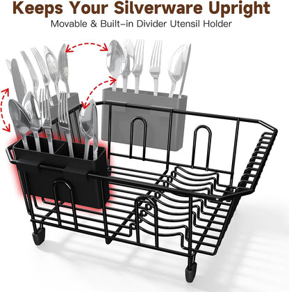 Black Dish Drying Rack in Sink, Dish Drainer with Utensil Holder | Over The Sink Expandable Stainless Steel Strainer Dryer Rack for Small Kitchen, Counter Space Saving, Fast Drain, Rustproof