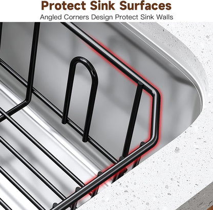 Black Dish Drying Rack in Sink, Dish Drainer with Utensil Holder | Over The Sink Expandable Stainless Steel Strainer Dryer Rack for Small Kitchen, Counter Space Saving, Fast Drain, Rustproof