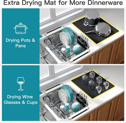 Black Dish Drying Rack in Sink, Dish Drainer with Utensil Holder | Over The Sink Expandable Stainless Steel Strainer Dryer Rack for Small Kitchen, Counter Space Saving, Fast Drain, Rustproof