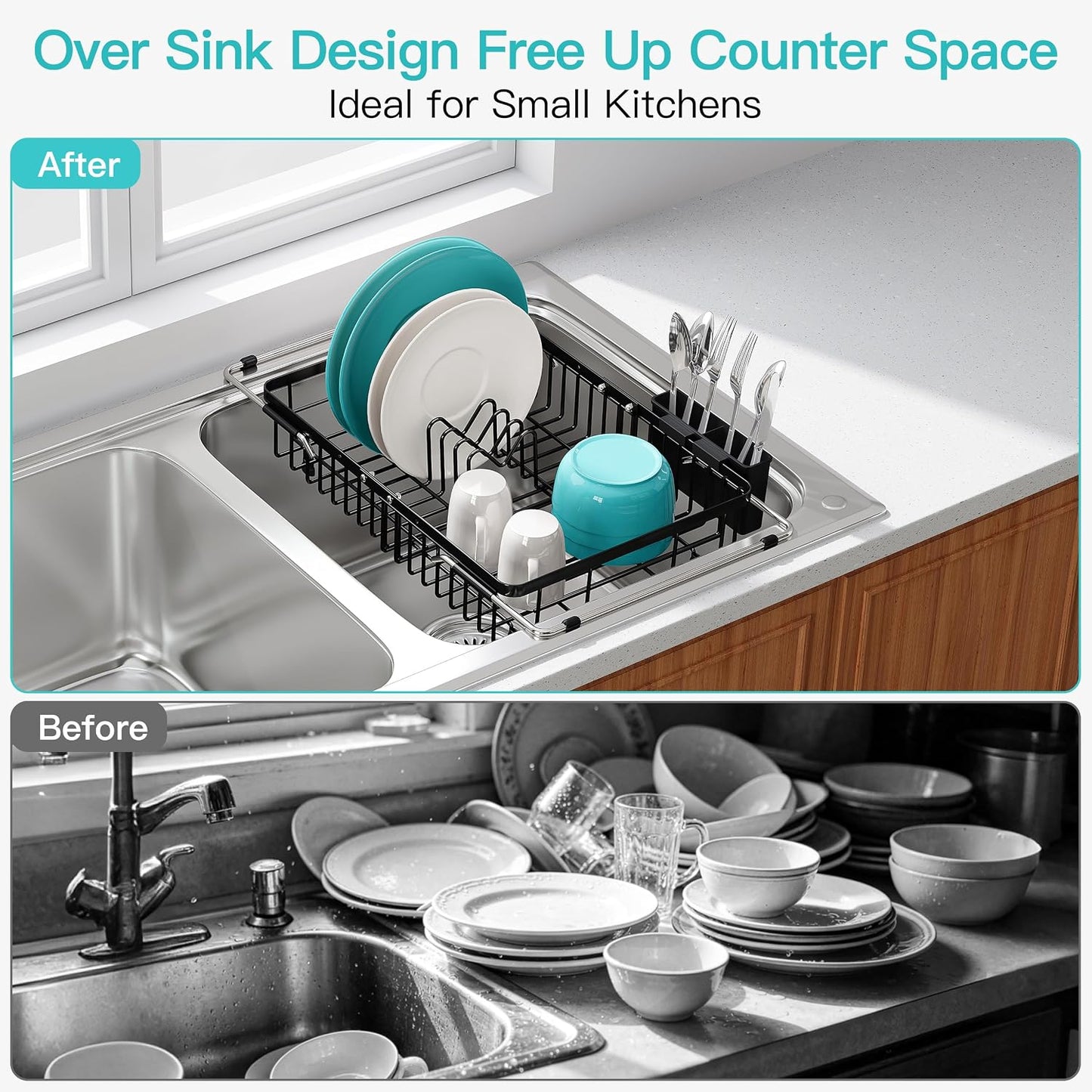 Black Dish Drying Rack in Sink, Dish Drainer with Utensil Holder | Over The Sink Expandable Stainless Steel Strainer Dryer Rack for Small Kitchen, Counter Space Saving, Fast Drain, Rustproof