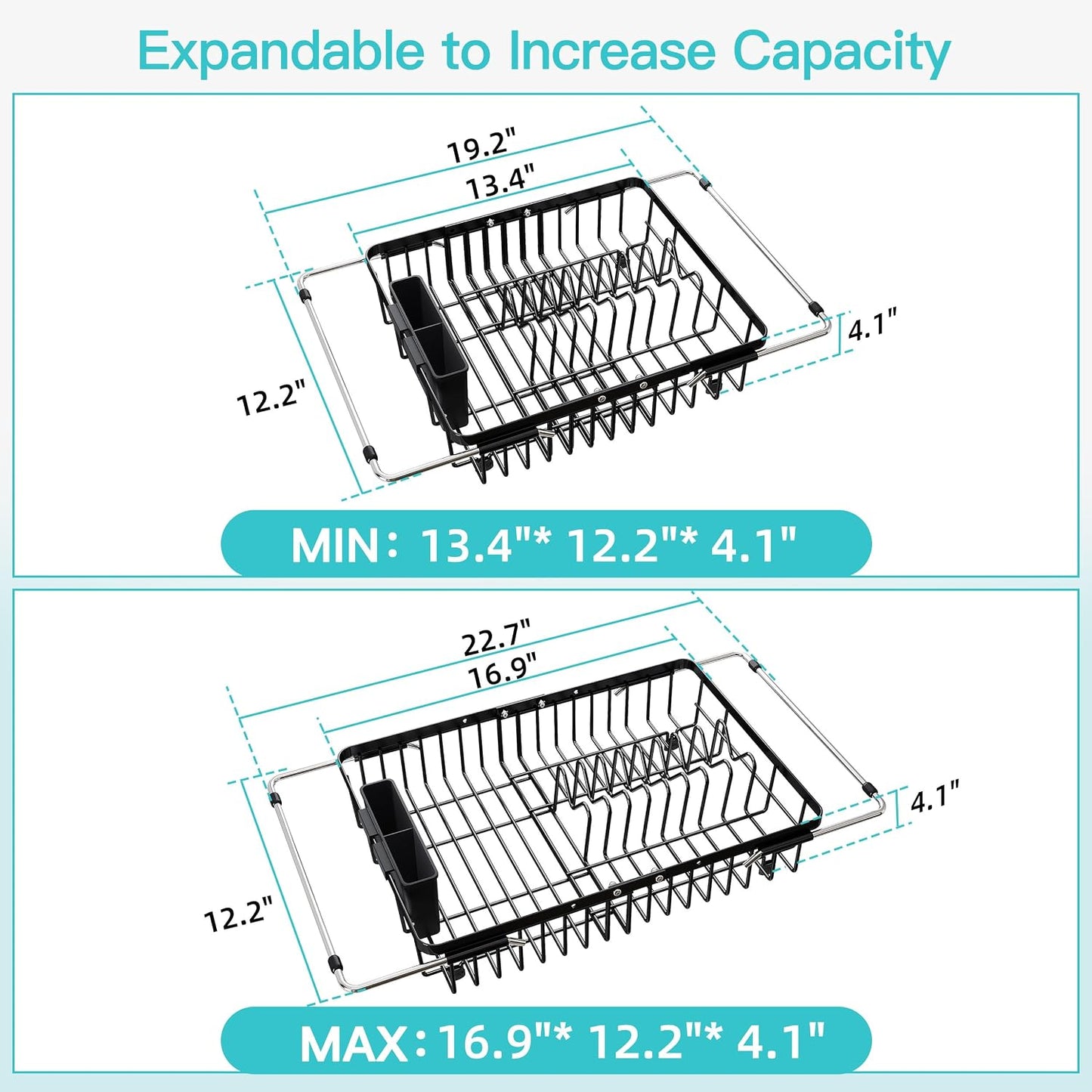 Black Dish Drying Rack in Sink, Dish Drainer with Utensil Holder | Over The Sink Expandable Stainless Steel Strainer Dryer Rack for Small Kitchen, Counter Space Saving, Fast Drain, Rustproof