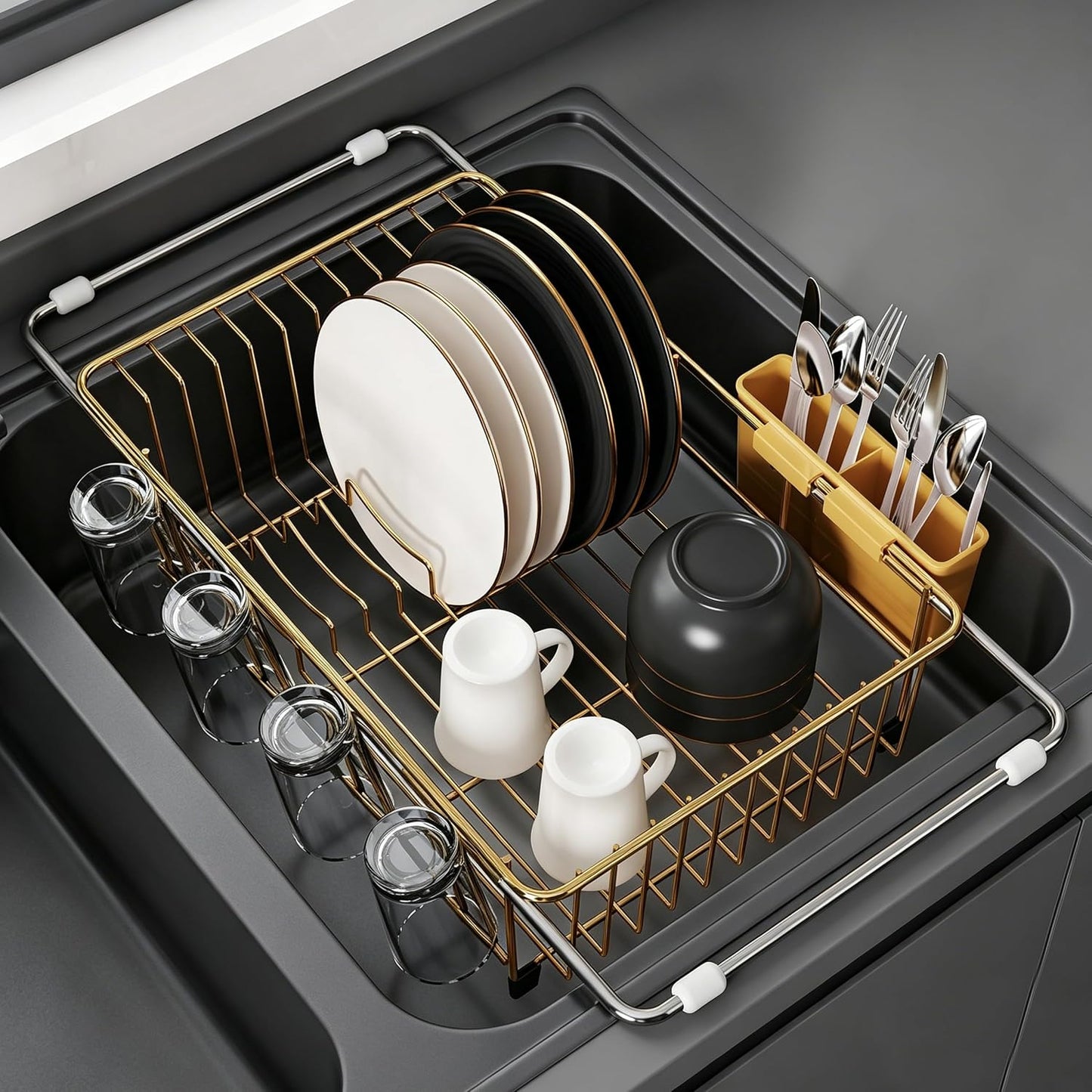 Black Dish Drying Rack in Sink, Dish Drainer with Utensil Holder | Over The Sink Expandable Stainless Steel Strainer Dryer Rack for Small Kitchen, Counter Space Saving, Fast Drain, Rustproof