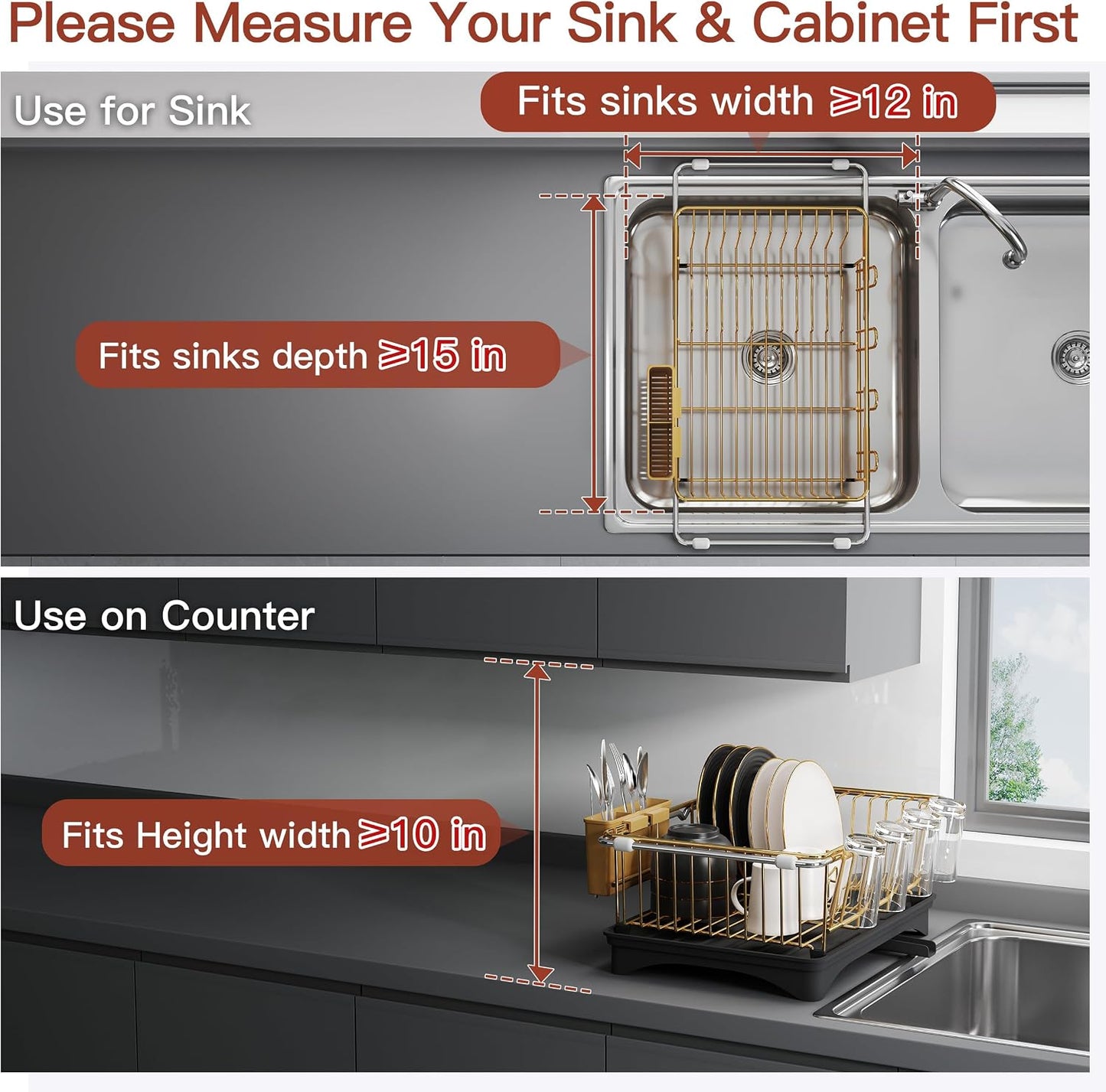 Black Dish Drying Rack in Sink, Dish Drainer with Utensil Holder | Over The Sink Expandable Stainless Steel Strainer Dryer Rack for Small Kitchen, Counter Space Saving, Fast Drain, Rustproof