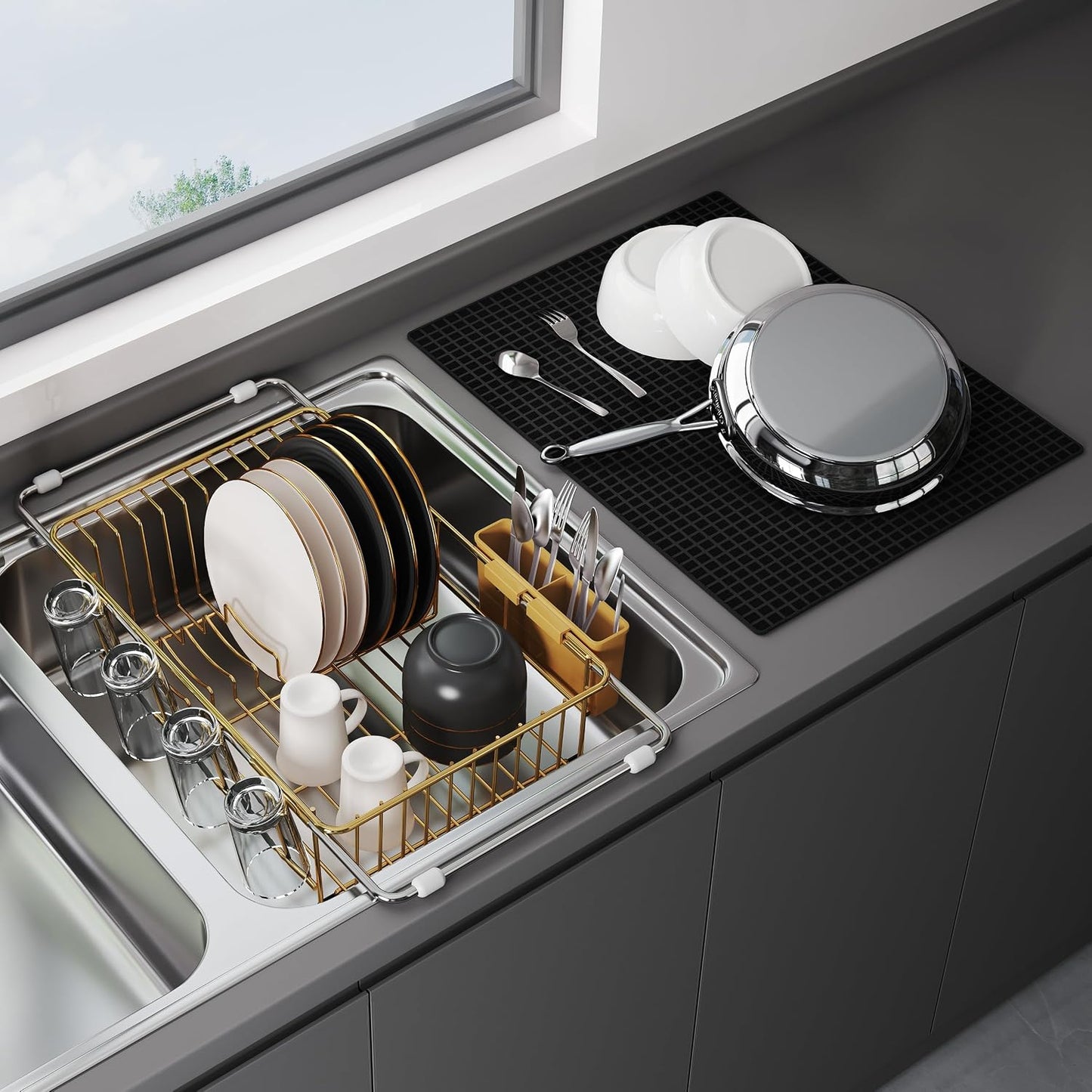 Black Dish Drying Rack in Sink, Dish Drainer with Utensil Holder | Over The Sink Expandable Stainless Steel Strainer Dryer Rack for Small Kitchen, Counter Space Saving, Fast Drain, Rustproof