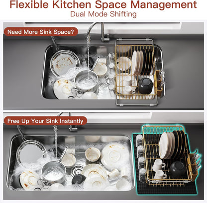 Black Dish Drying Rack in Sink, Dish Drainer with Utensil Holder | Over The Sink Expandable Stainless Steel Strainer Dryer Rack for Small Kitchen, Counter Space Saving, Fast Drain, Rustproof