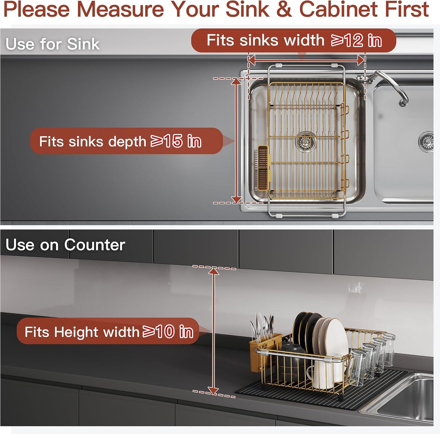 Black Dish Drying Rack in Sink, Dish Drainer with Utensil Holder | Over The Sink Expandable Stainless Steel Strainer Dryer Rack for Small Kitchen, Counter Space Saving, Fast Drain, Rustproof
