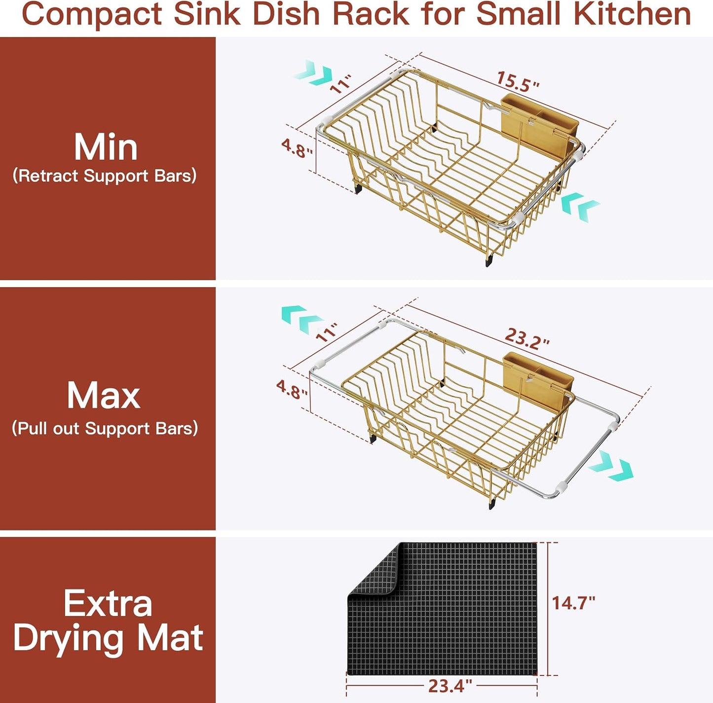 Black Dish Drying Rack in Sink, Dish Drainer with Utensil Holder | Over The Sink Expandable Stainless Steel Strainer Dryer Rack for Small Kitchen, Counter Space Saving, Fast Drain, Rustproof