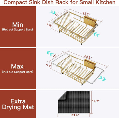 Black Dish Drying Rack in Sink, Dish Drainer with Utensil Holder | Over The Sink Expandable Stainless Steel Strainer Dryer Rack for Small Kitchen, Counter Space Saving, Fast Drain, Rustproof