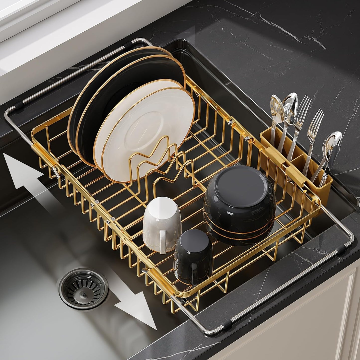 Black Dish Drying Rack in Sink, Dish Drainer with Utensil Holder | Over The Sink Expandable Stainless Steel Strainer Dryer Rack for Small Kitchen, Counter Space Saving, Fast Drain, Rustproof