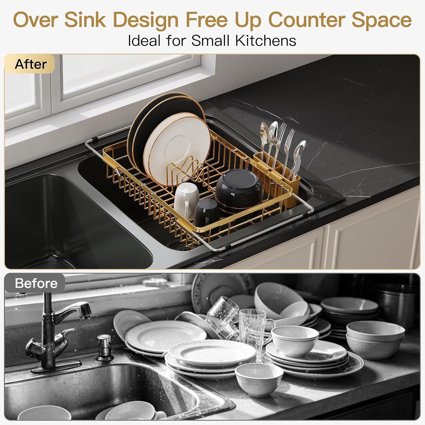 Black Dish Drying Rack in Sink, Dish Drainer with Utensil Holder | Over The Sink Expandable Stainless Steel Strainer Dryer Rack for Small Kitchen, Counter Space Saving, Fast Drain, Rustproof