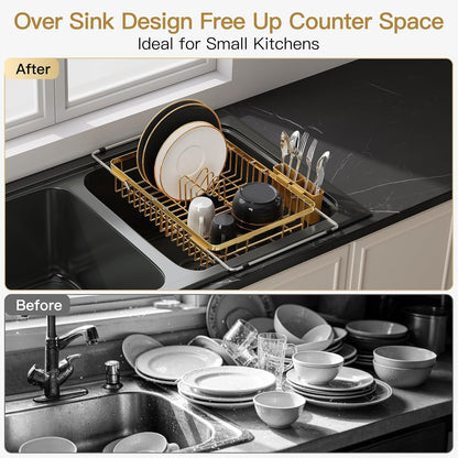 Black Dish Drying Rack in Sink, Dish Drainer with Utensil Holder | Over The Sink Expandable Stainless Steel Strainer Dryer Rack for Small Kitchen, Counter Space Saving, Fast Drain, Rustproof