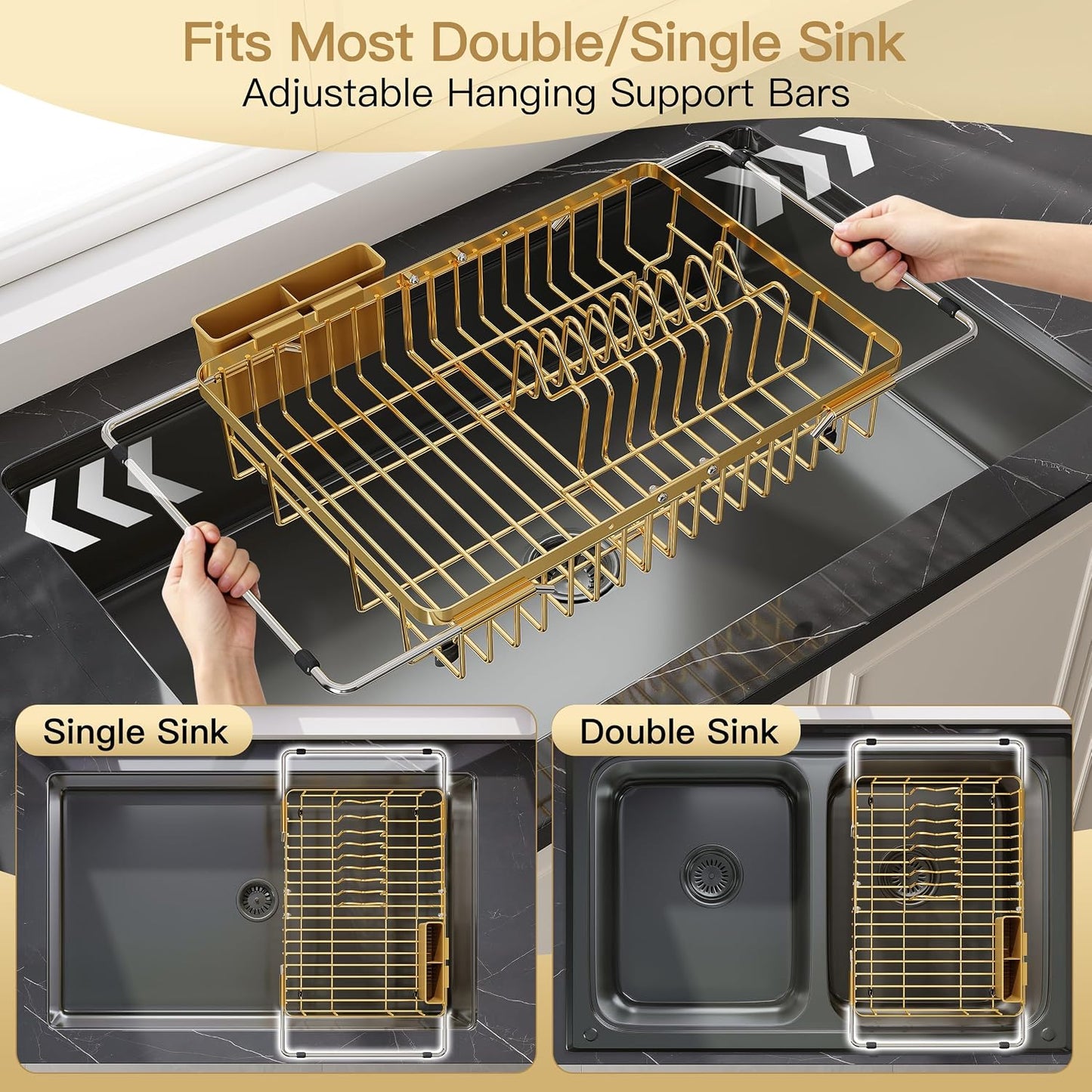 Black Dish Drying Rack in Sink, Dish Drainer with Utensil Holder | Over The Sink Expandable Stainless Steel Strainer Dryer Rack for Small Kitchen, Counter Space Saving, Fast Drain, Rustproof
