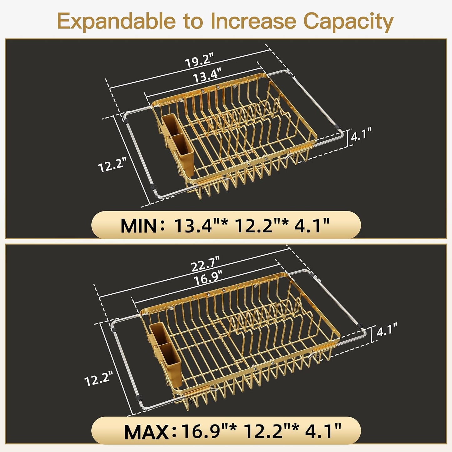 Black Dish Drying Rack in Sink, Dish Drainer with Utensil Holder | Over The Sink Expandable Stainless Steel Strainer Dryer Rack for Small Kitchen, Counter Space Saving, Fast Drain, Rustproof