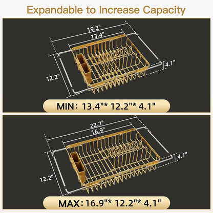Black Dish Drying Rack in Sink, Dish Drainer with Utensil Holder | Over The Sink Expandable Stainless Steel Strainer Dryer Rack for Small Kitchen, Counter Space Saving, Fast Drain, Rustproof