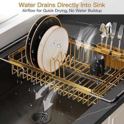 Black Dish Drying Rack in Sink, Dish Drainer with Utensil Holder | Over The Sink Expandable Stainless Steel Strainer Dryer Rack for Small Kitchen, Counter Space Saving, Fast Drain, Rustproof