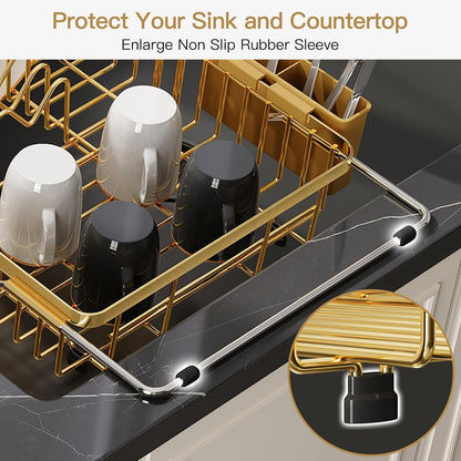 Black Dish Drying Rack in Sink, Dish Drainer with Utensil Holder | Over The Sink Expandable Stainless Steel Strainer Dryer Rack for Small Kitchen, Counter Space Saving, Fast Drain, Rustproof