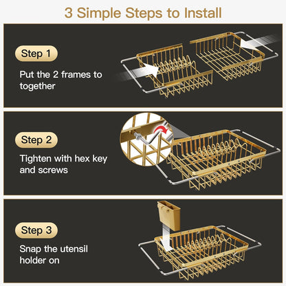 Black Dish Drying Rack in Sink, Dish Drainer with Utensil Holder | Over The Sink Expandable Stainless Steel Strainer Dryer Rack for Small Kitchen, Counter Space Saving, Fast Drain, Rustproof