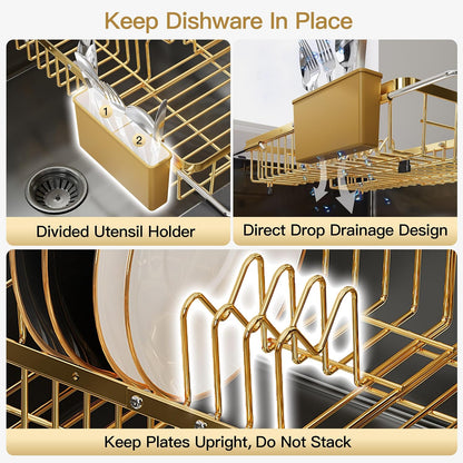 Black Dish Drying Rack in Sink, Dish Drainer with Utensil Holder | Over The Sink Expandable Stainless Steel Strainer Dryer Rack for Small Kitchen, Counter Space Saving, Fast Drain, Rustproof