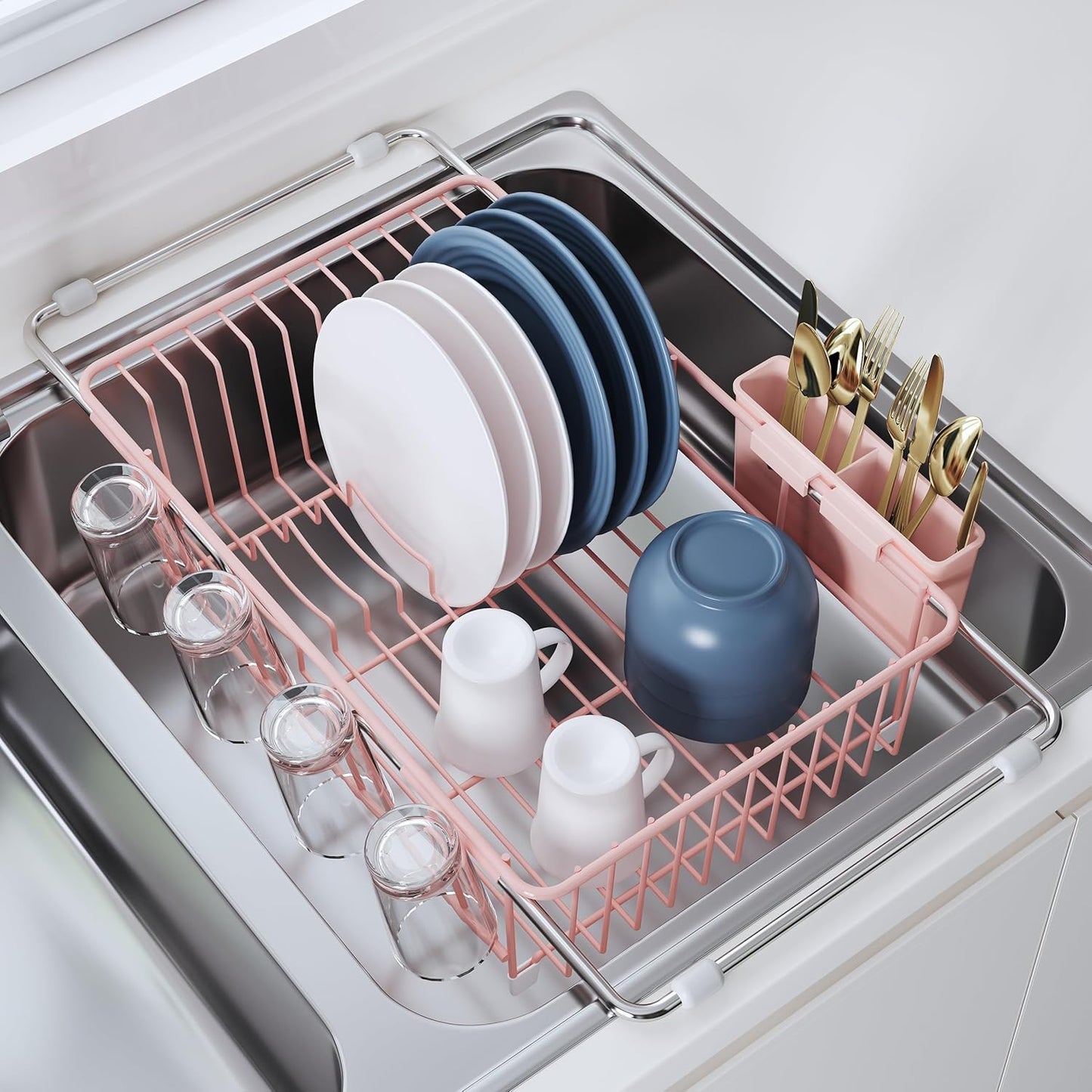 Black Dish Drying Rack in Sink, Dish Drainer with Utensil Holder | Over The Sink Expandable Stainless Steel Strainer Dryer Rack for Small Kitchen, Counter Space Saving, Fast Drain, Rustproof
