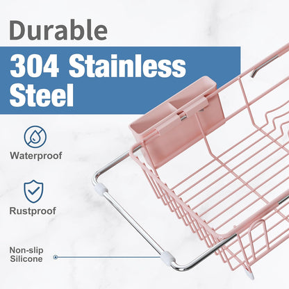 Black Dish Drying Rack in Sink, Dish Drainer with Utensil Holder | Over The Sink Expandable Stainless Steel Strainer Dryer Rack for Small Kitchen, Counter Space Saving, Fast Drain, Rustproof
