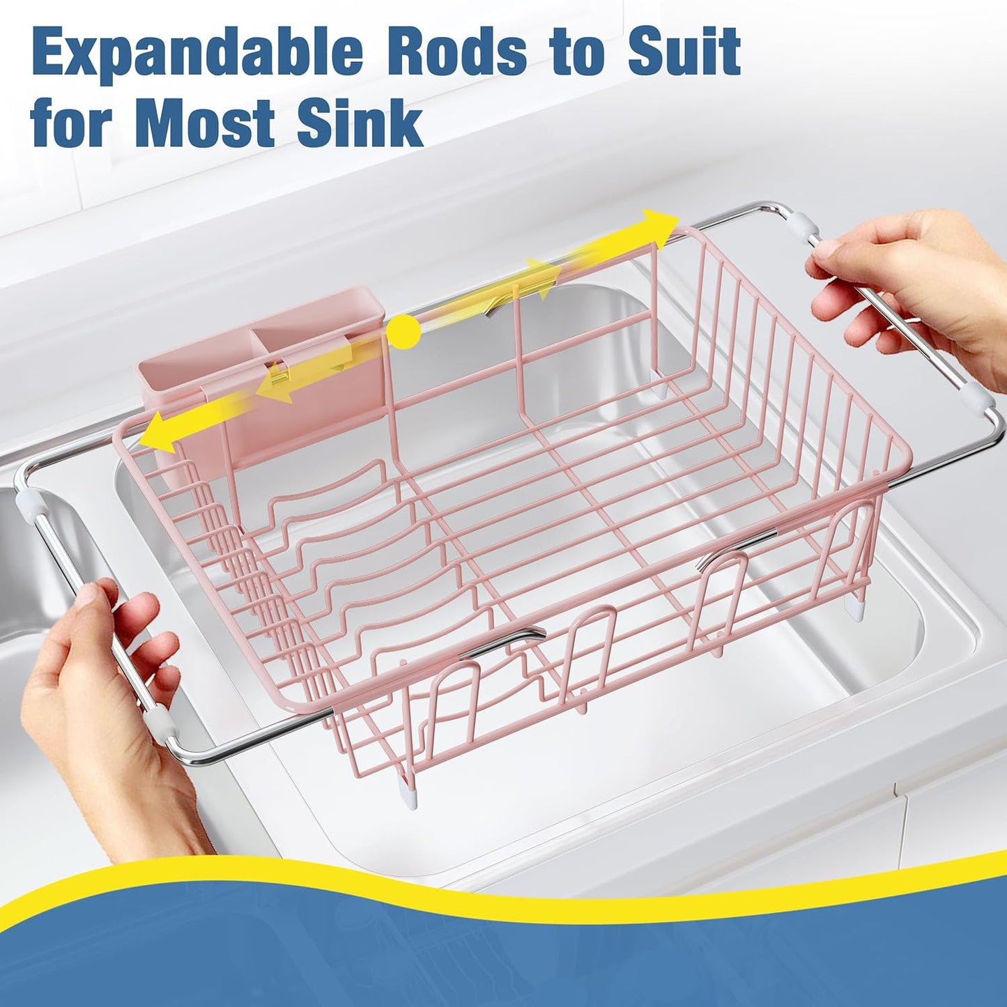 Black Dish Drying Rack in Sink, Dish Drainer with Utensil Holder | Over The Sink Expandable Stainless Steel Strainer Dryer Rack for Small Kitchen, Counter Space Saving, Fast Drain, Rustproof