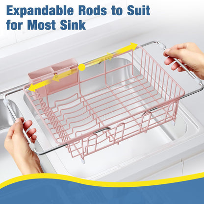 Black Dish Drying Rack in Sink, Dish Drainer with Utensil Holder | Over The Sink Expandable Stainless Steel Strainer Dryer Rack for Small Kitchen, Counter Space Saving, Fast Drain, Rustproof