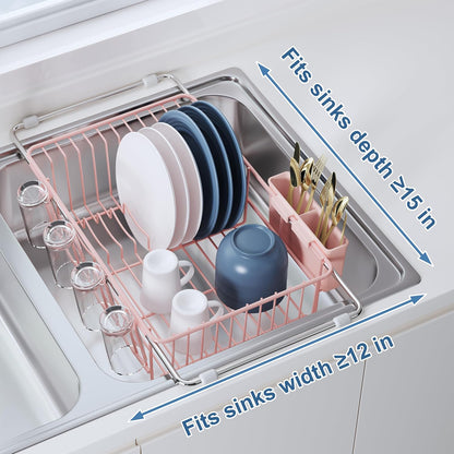 Black Dish Drying Rack in Sink, Dish Drainer with Utensil Holder | Over The Sink Expandable Stainless Steel Strainer Dryer Rack for Small Kitchen, Counter Space Saving, Fast Drain, Rustproof